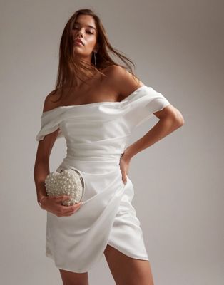 ASOS DESIGN satin off shoulder mini wedding dress in ivory