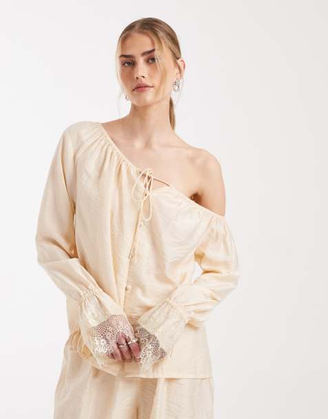 ASOS DESIGN satin off the shoulder top in champagne - part of a set - view 1