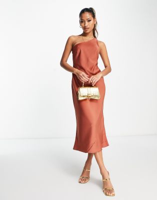 ASOS DESIGN Satin One Shoulder Bias Cut Midi Dress In Dark Blush | ASOS