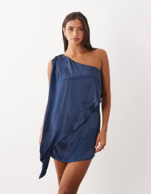 Asos Design Satin One Shoulder Cape Mini Dress-navy In Multi