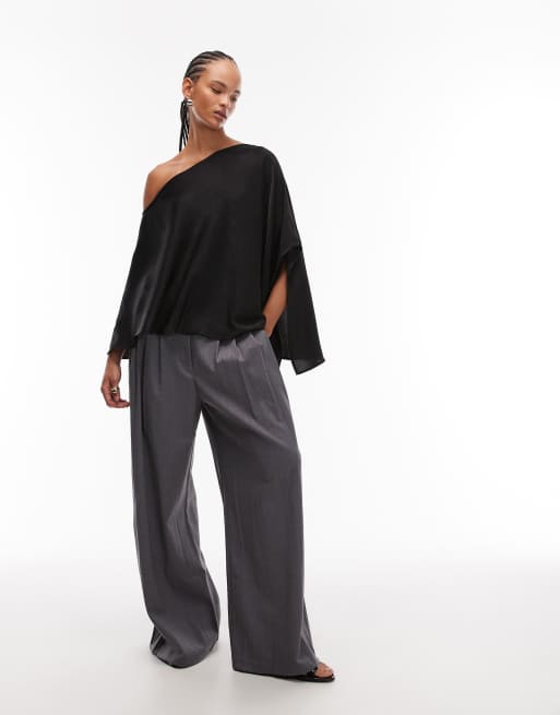 ASOS DESIGN satin one shoulder cape top in black, 2 of 4