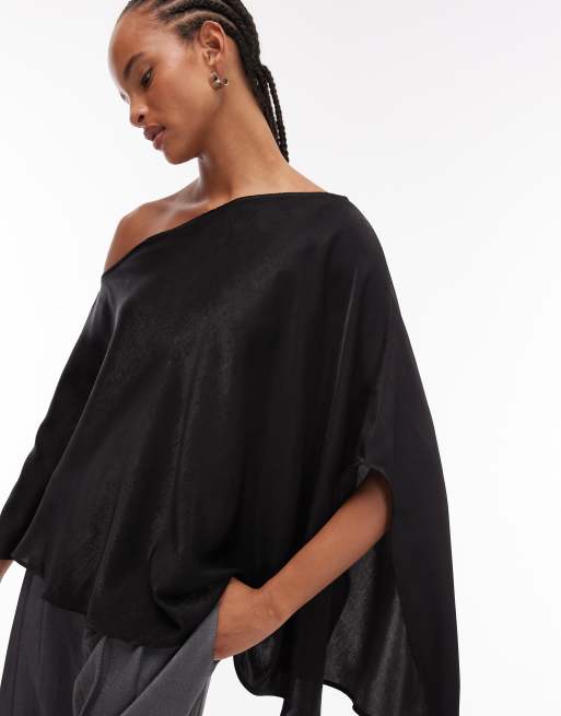 ASOS DESIGN satin one shoulder cape top in black, 4 of 4