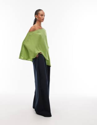 Asos Design Satin One Shoulder Cape Top In Green