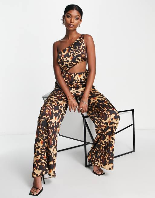 ASOS DESIGN satin one shoulder cut out jumpsuit in leopard print