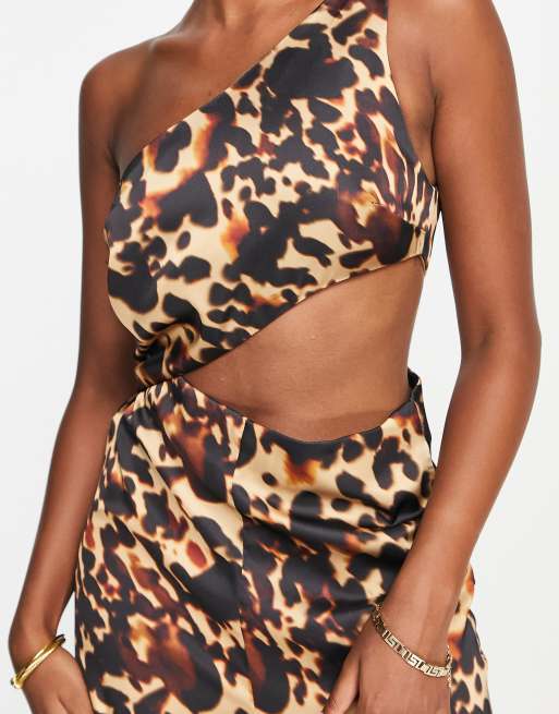 ASOS DESIGN satin one shoulder cut out jumpsuit in leopard print