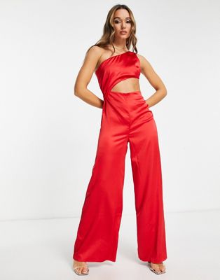 ASOS DESIGN satin one shoulder cut out jumpsuit in red - ASOS Price Checker