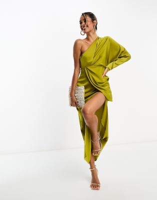 Asos Design Satin One Shoulder Drape Detail Midi Dress In Chartreuse-green