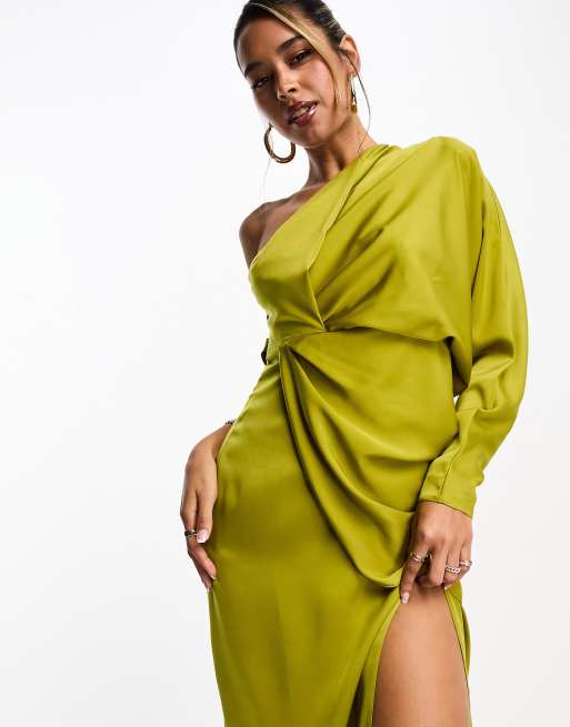 ASOS DESIGN satin one shoulder drape detail midi dress in chartreuse