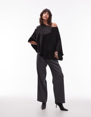 Asos Design Satin One Shoulder Drape Top In Black