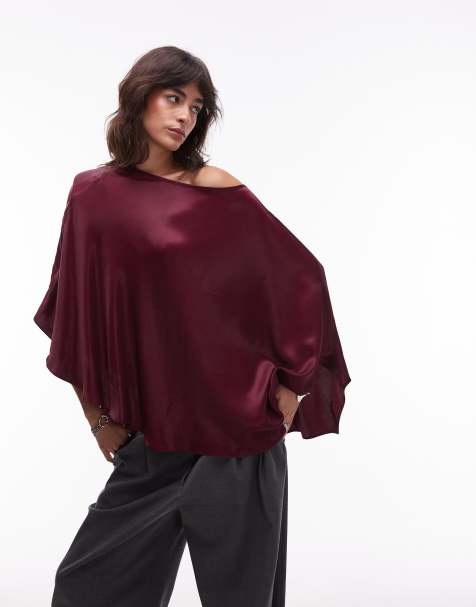 ASOS DESIGN satin one shoulder drape top in plum - view 1