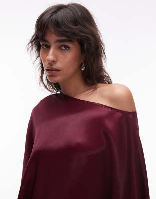 Asos Design Satin One Shoulder Drape Top In Burgundy