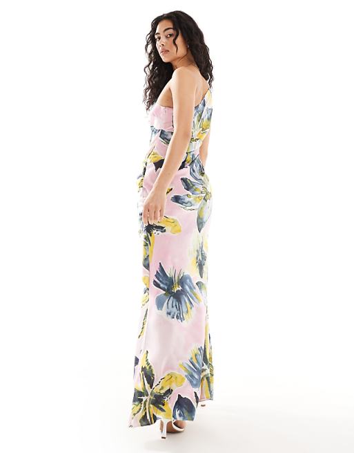 ASOS DESIGN satin one shoulder draped maxi dress with thigh ASOS DESIGN satin one shoulder draped maxi dress with thigh