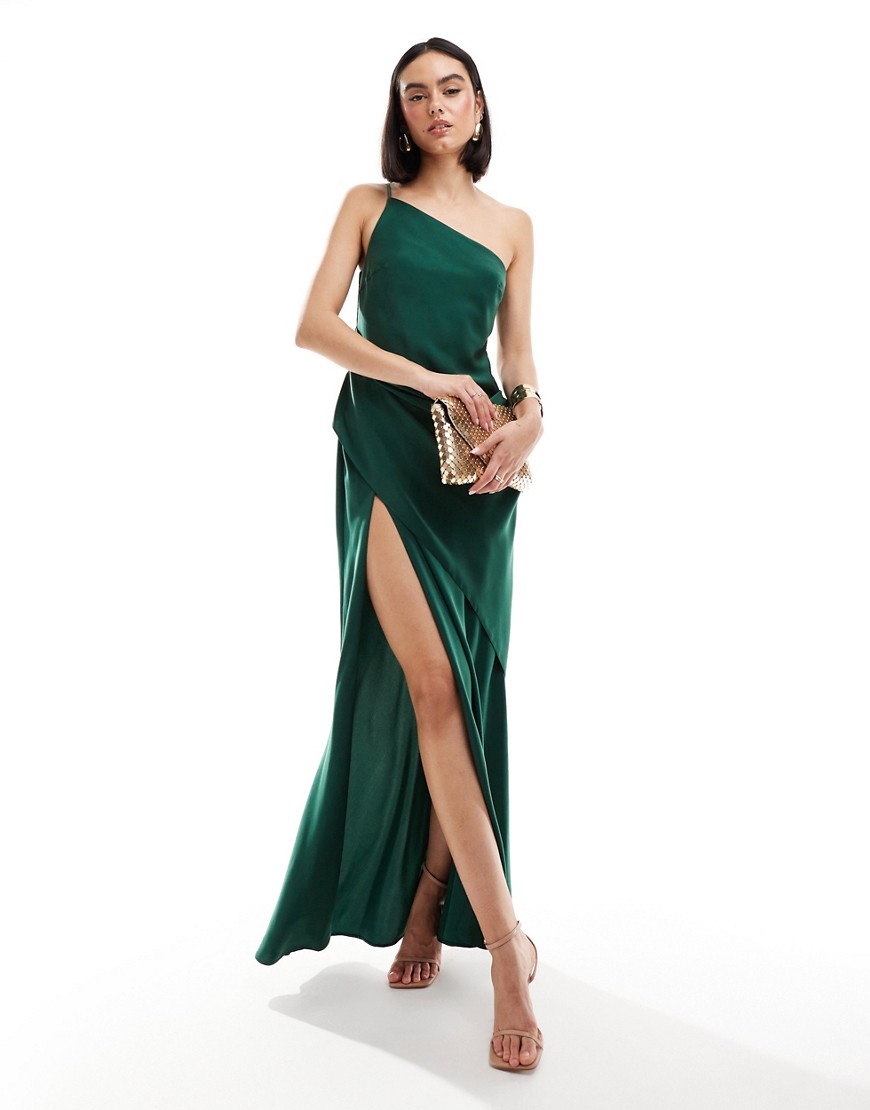ASOS DESIGN satin one shoulder draped maxi dress with thigh split in forest green