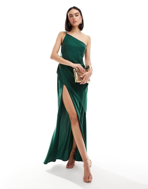 ASOS DESIGN satin one shoulder draped maxi dress with thigh split in forest green ASOS