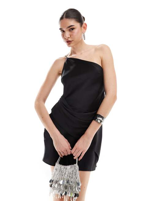 CerbeShops DESIGN satin one shoulder draped mini dress in black