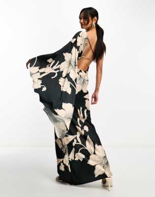 black golden foliage one-shoulder maxi dress ASOS DESIGN satin one shoulder flare sleeve with back detail in floral print dropped-waist