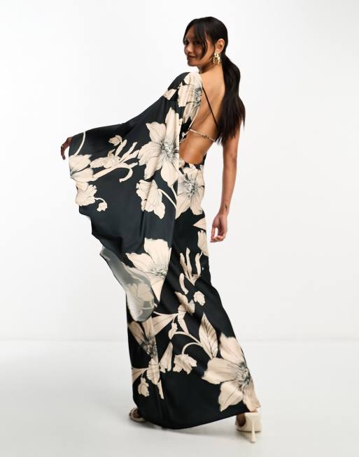 ASOS DESIGN satin one shoulder flare sleeve maxi dress with back detail in  black floral print