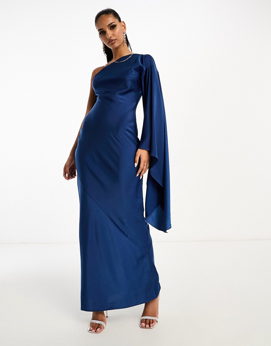 Asos Design Satin One Shoulder Flare Sleeve Maxi Dress With Back Detail In Blue