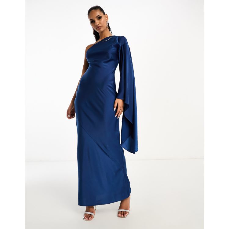 ASOS DESIGN satin one shoulder flare sleeve maxi dress with back detail in  blue