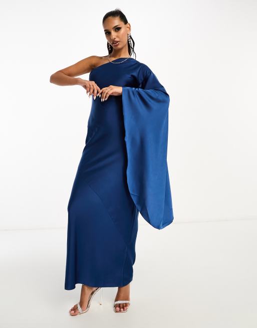 ASOS DESIGN satin twist shoulder drape maxi dress with puddle hem