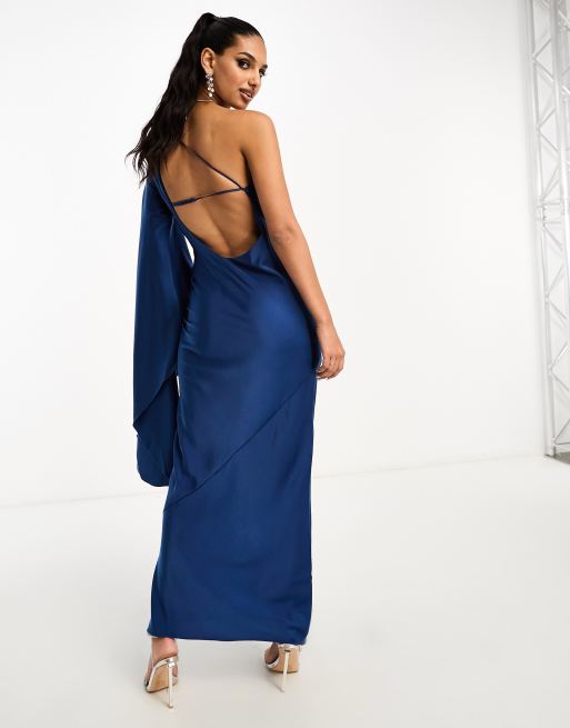 ASOS DESIGN satin one shoulder flare sleeve maxi dress with back detail in blue