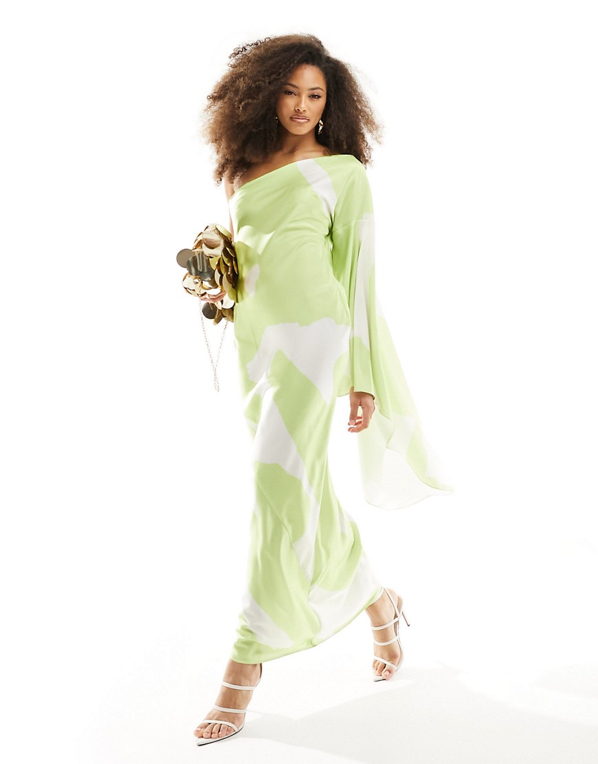 ASOS DESIGN satin one shoulder flare sleeve maxi dress with back detail in green abstract-Multi