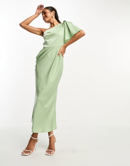 ASOS DESIGN satin one shoulder flutter sleeve midaxi dress in sage