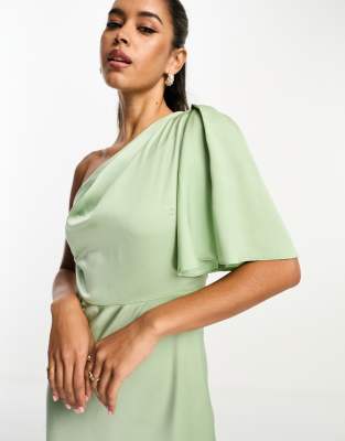 ASOS DESIGN satin one shoulder flutter sleeve midaxi dress in sage