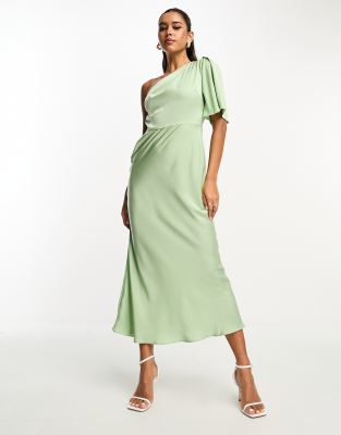 ASOS DESIGN satin one shoulder flutter sleeve midaxi dress in sage