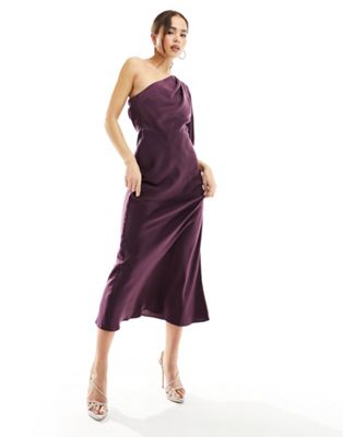 Asos Design Satin One Shoulder Flutter Sleeve Midaxi Dress In Wine-purple