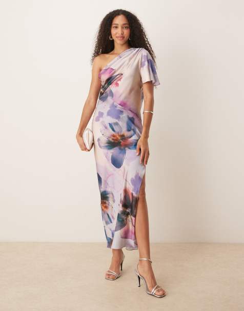 ASOS DESIGN satin one shoulder flutter sleeve midi dress in painted floral - view 1
