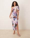 [ASOS DESIGN] ASOS DESIGN satin one shoulder flutter sleeve midi dress in painted floral-Multi 6 PINK BLUE FLORAL