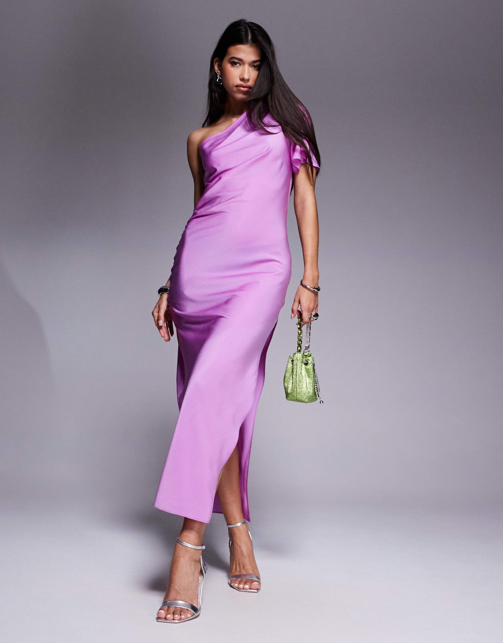 asos design satin one-shoulder flutter sleeve midi dress in pink lilac