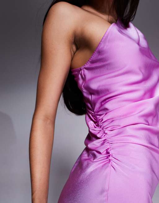 ASOS DESIGN satin one-shoulder flutter sleeve midi dress in pink lilac