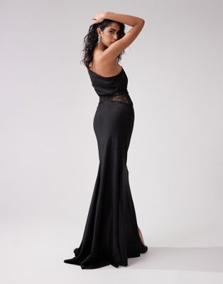 ASOS DESIGN satin one shoulder lace waist detail maxi dress with soft train in black - ASOS Price Checker