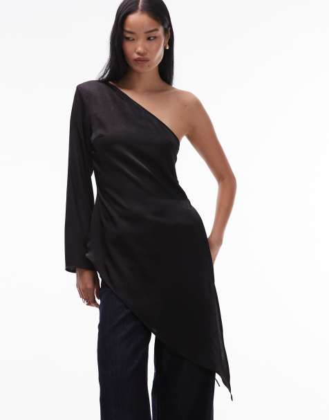 ASOS DESIGN satin one shoulder longline top in black