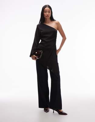 Asos Design Satin One Shoulder Longline Top In Black
