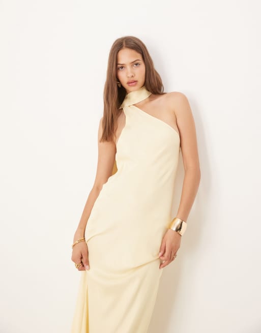 ASOS DESIGN satin one shoulder maxi dress in buttermilk, 3 of 4