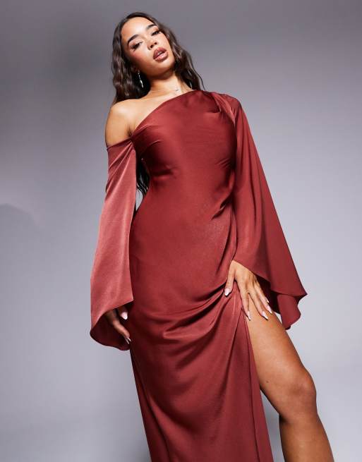 ASOS DESIGN satin one shoulder maxi dress in chestnut