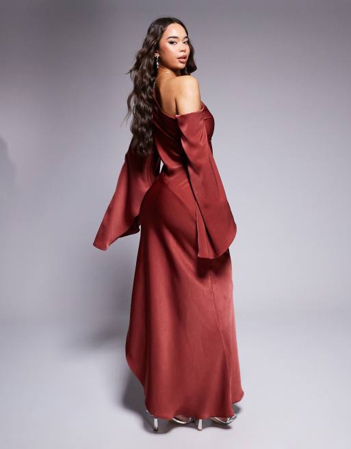 ASOS DESIGN satin one shoulder maxi dress in chestnut