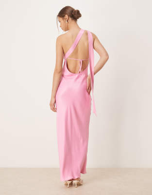 Asos Design Satin One Shoulder Maxi Dress In Pink