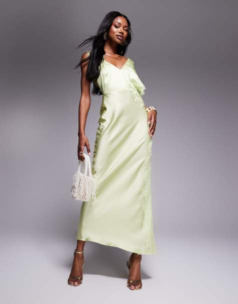 ASOS DESIGN satin one shoulder maxi dress with lace trim in sage green - view 1