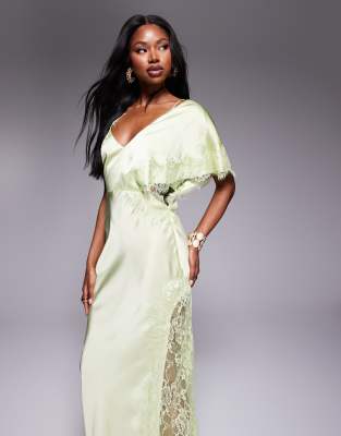 Asos Design Satin One Shoulder Maxi Dress With Lace Trim In Green