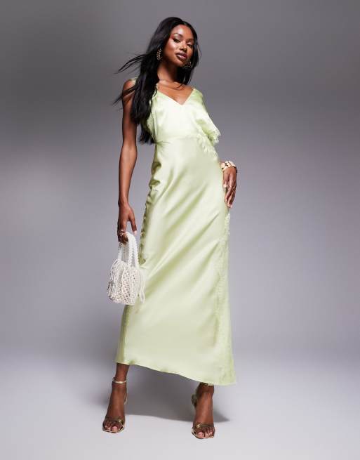 ASOS DESIGN satin one shoulder maxi dress with lace trim in sage green