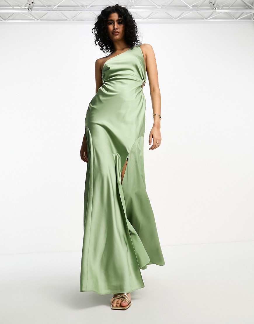 ASOS DESIGN satin one shoulder maxi dress with waist detail in sage green
