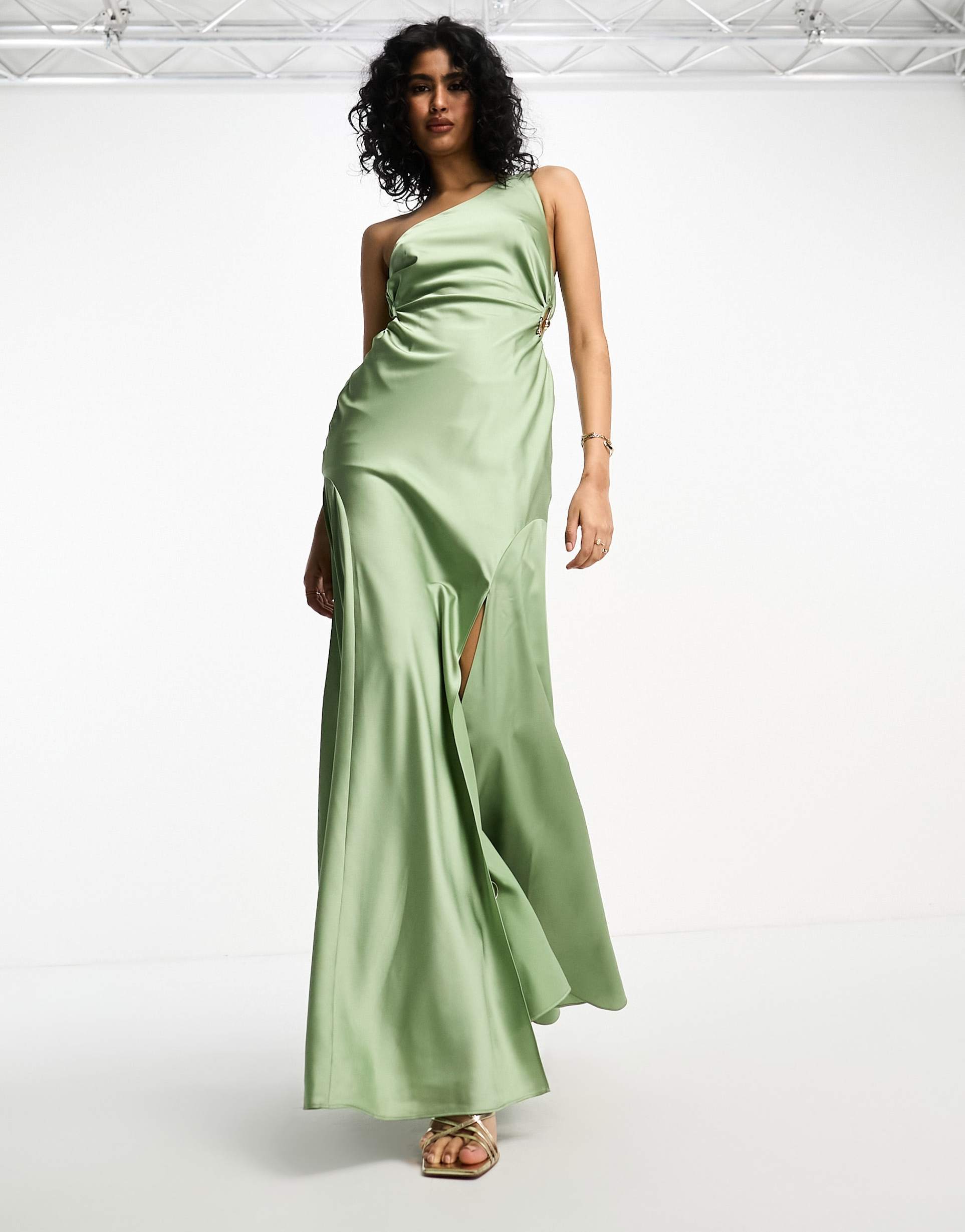 asos design satin one shoulder maxi dress with waist detail in sage green