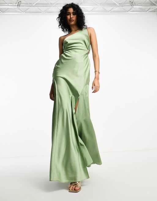 ASOS DESIGN satin one shoulder maxi dress with waist detail in sage green ASOS