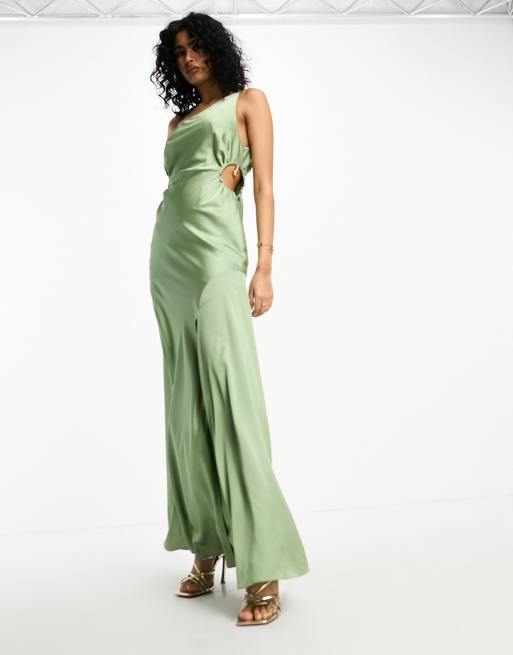 ASOS DESIGN satin one shoulder maxi dress with waist detail in sage green