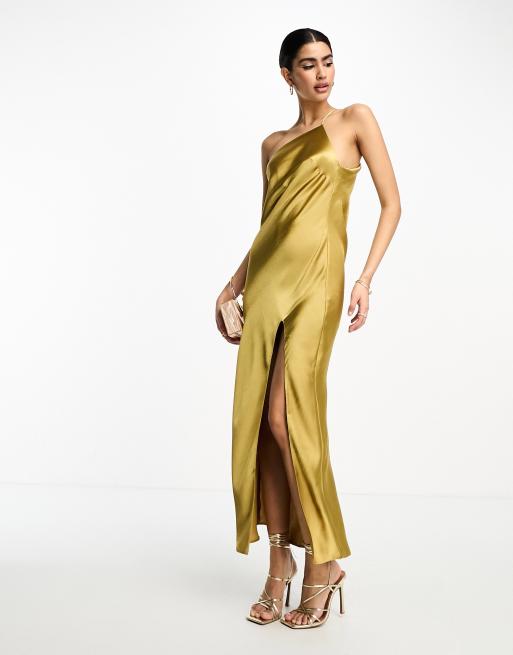 ASOS DESIGN satin one shoulder midaxi dress in satin with drape back in gold