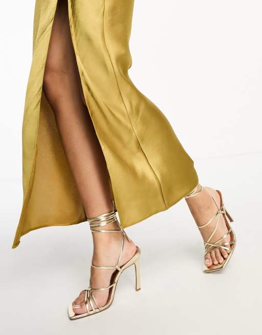 ASOS DESIGN satin one shoulder midaxi dress in satin with drape back in gold